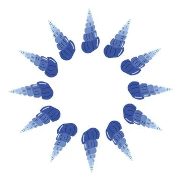Starburst round frame design made of blue spiral cone seashells on white back Illustrazione stock