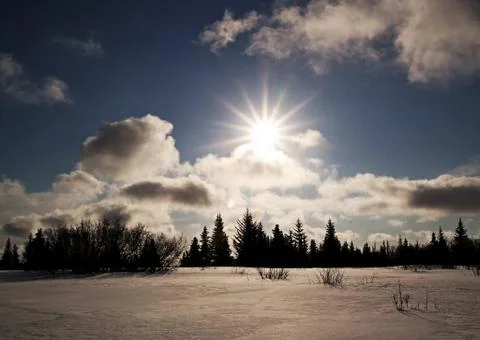 Starburst setting sun in winter Stock Photos