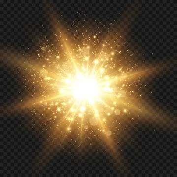 Starburst with sparkles and rays. Golden light flare effect with stars and Stock Illustration