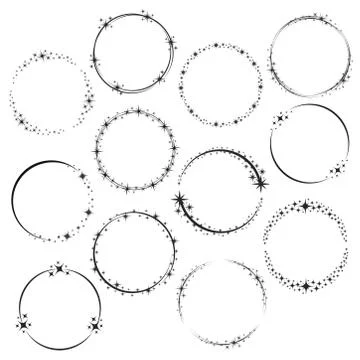 Stardust frames. Shiny star circle frame, starry glitter stamp and round magi Stock Illustration