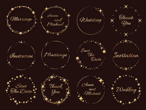 Stardust golden frames. Wedding invitations inscriptions, stars and sparks Stock Illustration