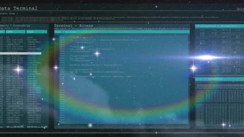 Starfield moving behind terminal UI fading, code scrolling logs verifying PASS Stock Footage 315535523