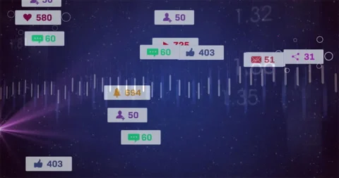 On starfield opening, bars rising and falling, graph sweeping, icons floating 動画素材 312656237