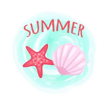 Starfish and Seashell, Conch Closeup Mollusk Set Stock Illustration