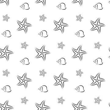 Starfish and shell. Pattern. Seamless illustration. Art Line. Flat. イラスト素材