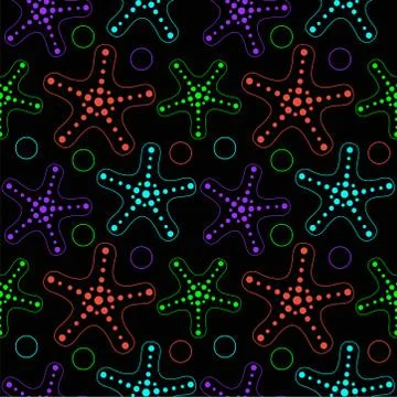 Starfish on a black background - vector seamless marine pattern. Stock Illustration