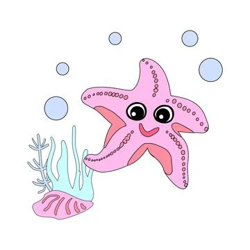 Starfish with bubbles and algae in the ocean. For posters, prints on clothes. Illustrazione stock