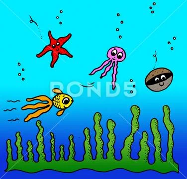 Starfish, jellyfish, oyster, seaweed and fish in ocean with bright colors Stock Illustration