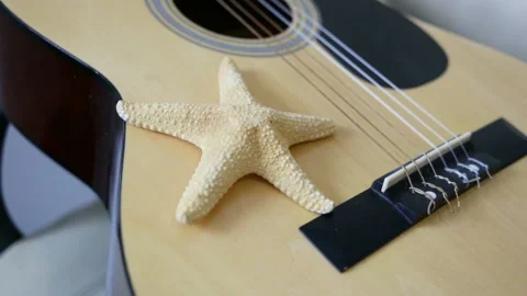 Starfish lying on the guitar. Close-up, front view, indoors, real time, natural  Stock Footage 87042221