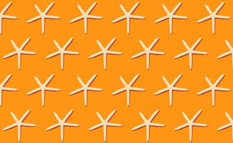  Starfish pattern on orange background. Summer background. Decorative text... Foto stock