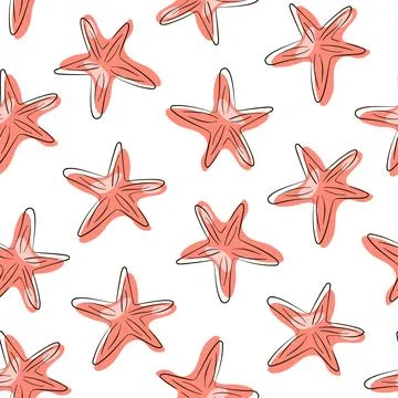 Starfish seamless pattern in line art style. Undersea cartoon design for Stock Illustration