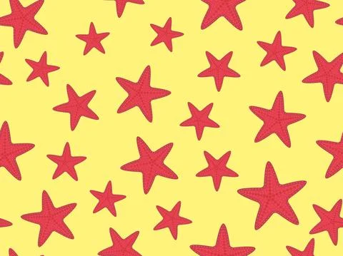 Starfish seamless pattern on a sandy beach. Red starfish on a yellow backgrou 스톡 일러스트