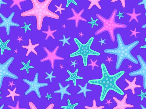 Starfish seamless pattern on violet background. Starfish silhouettes in carto Stock Illustration