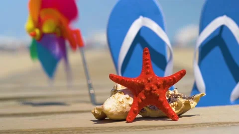 Starfish, seashells and flip-flops  on wooden board.   Stock Footage 135432735