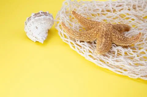 Starfish, shells with bag string bag on yellow background. Concept of summert Stock Photos