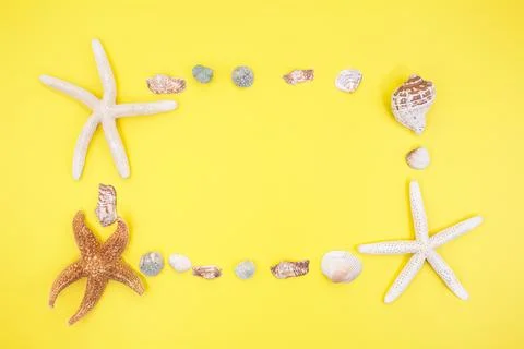 Starfish, shells in form of frame with place for text on yellow background Stock Photos