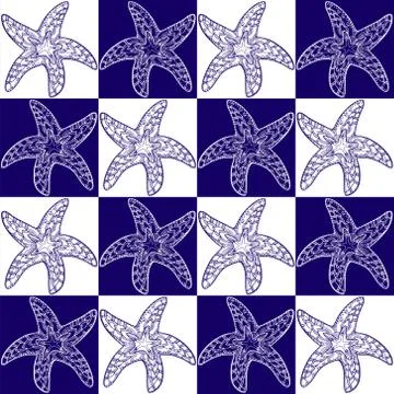 STARFISH ZENTANGLE PATTERN BLUE WHITE Stock Illustration