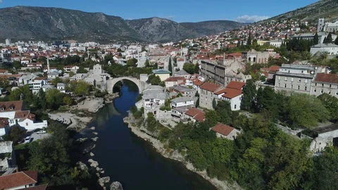 Stari Most bridge and old town Mostar, history tourism architecture Bosnia Stock Footage 85830724
