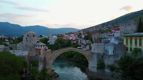Stari Most, Mostar Bridge, Old Town, Bosnia &amp;amp; Herzegovina Drone 4K Aerial Video stock 130473157