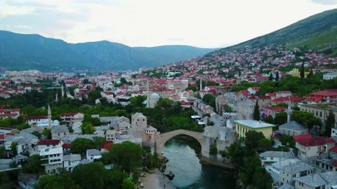 Stari Most, Mostar Bridge, Old Town, Bosnia &amp; Herzegovina Drone 4K Aerial Video stock 130473204