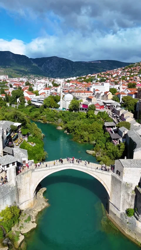 Stari most old bridge in mostar aerial view Stock Footage 341778524