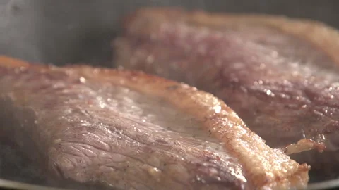 Staring at steak in the frying pan Stock Footage 160622130