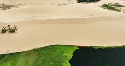 Stark geographical contrast between sand and water near Mui Ne, Vietnam Stock Footage 296721220