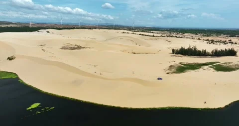 Stark geographical contrast between sand and water near Mui Ne, Vietnam Stock Footage 296721897