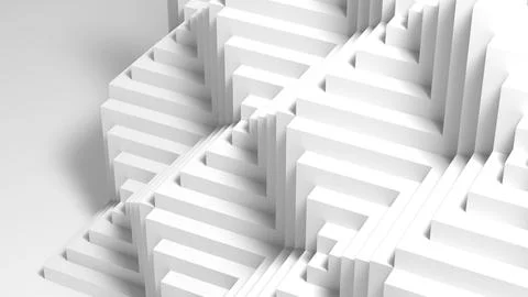 A stark white abstract staircase forms a geometric maze of blocks and steps.. Stock Illustration