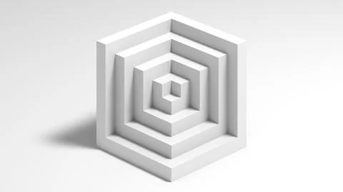 A stark white cube maze forms concentric rings inside a hexagonal frame, 3d Stock Illustration