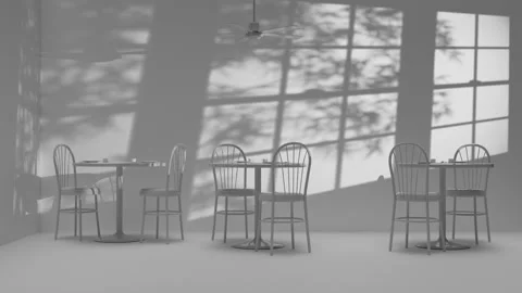 Stark White Empty Cafe with Chairs, Tables and Ceiling Fan Looping Backround Stock Footage 218997120