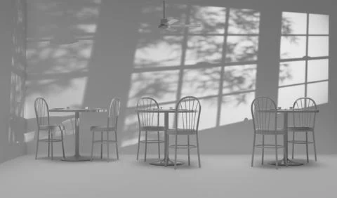 Stark White Empty Cafe with Chairs, Tables and Ceiling Fan with Shadows From Stock Illustration