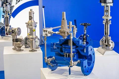 Stark white platform holds four colorful industrial valves, each with intrica Stock Photos