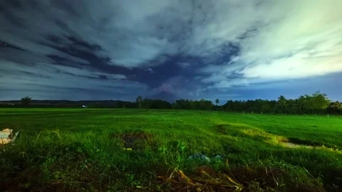 Starlapse of Mayon Volcano night eruption with lava glow and moving clouds. Stock Footage 327627930