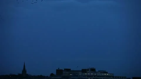 Starlings over hospital 0102 06 Stock Footage