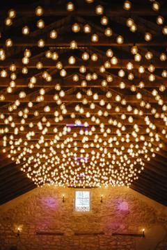 Starry ceiling. multiple light bulbs on wooden ceiling Stock Photos