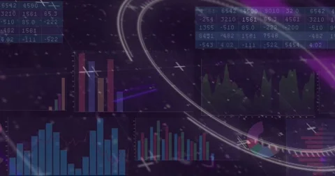 Starry grid initiating data table and charts appearing, rings rotating for data Stock Footage 329782959
