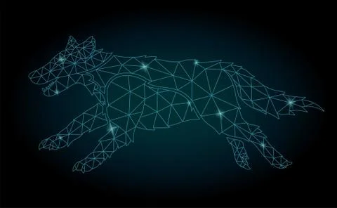 Starry low poly art with shiny wolf silhouette Illustrazione stock