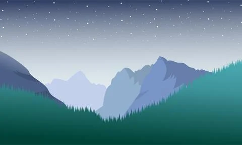 Starry mountain landscape in flat style. Vector illustration Stock Illustration