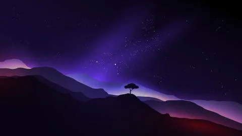 Starry Night in the Mountains with a Lone Tree - Vector Illustration Stock Illustration