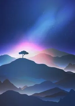 Starry Night in the Mountains with a Lone Tree - Vector Illustration. Stock Illustration