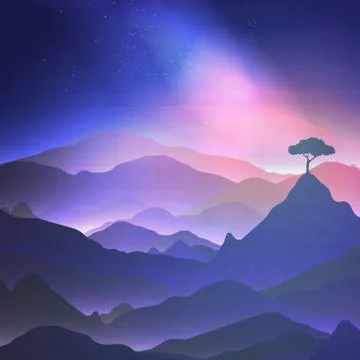 Starry Night in the Mountains with a Lone Tree - Vector Illustration. Stock Illustration