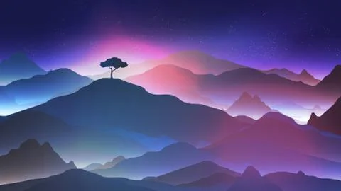 Starry Night in the Mountains with a Lone Tree - Vector Illustration. Stock Illustration