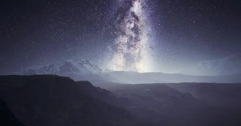 Starry night over mountain landscape with galactic core view Ilustração Stock