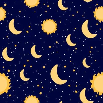 Starry night seamless pattern with sun and moon on dark background, ornate for Stock Illustration