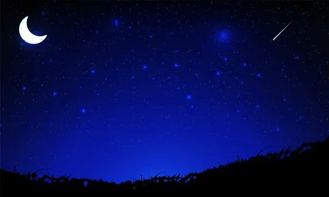 Starry Night sky background with crescent moon and falling star. Stock Illustration