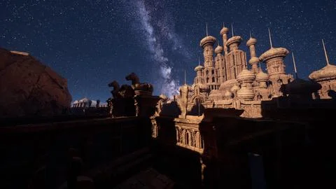 Starry Night Sky Over Castle Ilustração Stock