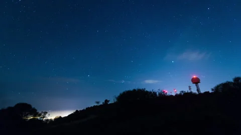 Starry Night Sky with Radar Tower Silhouette Stock Footage 303640582