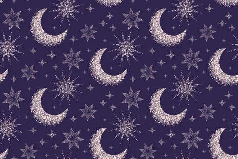 Starry night sky seamless vector pattern, crescent moon and stars on dark n.. Stock Illustration
