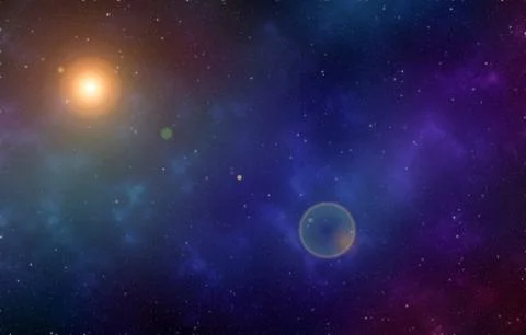 Starry night sky space background with nebula in deep space and lens flare. Stock Photos